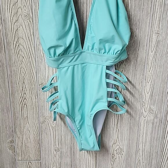 Aqua Eve Blue One Piece Halter Plunge V Neck Swimsuit Womens Size Medium NWT - Picture 4 of 12